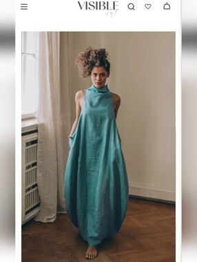 VISIBLE Art Cowl Neck 100% Linen Dress-Blue